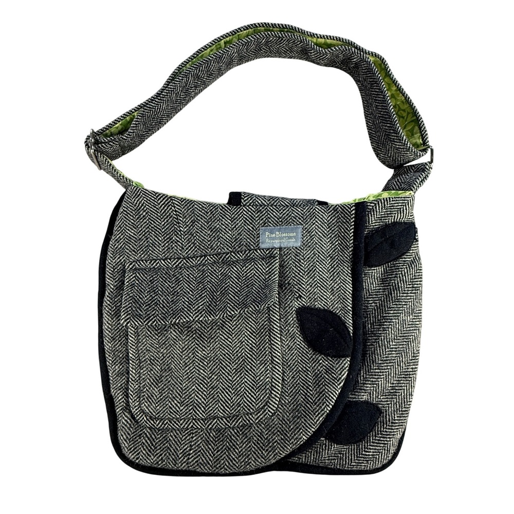 Pine Blossoms Repurposed Goods Herringbone‎ Wool Patchwork Shoulder Bag Handmade